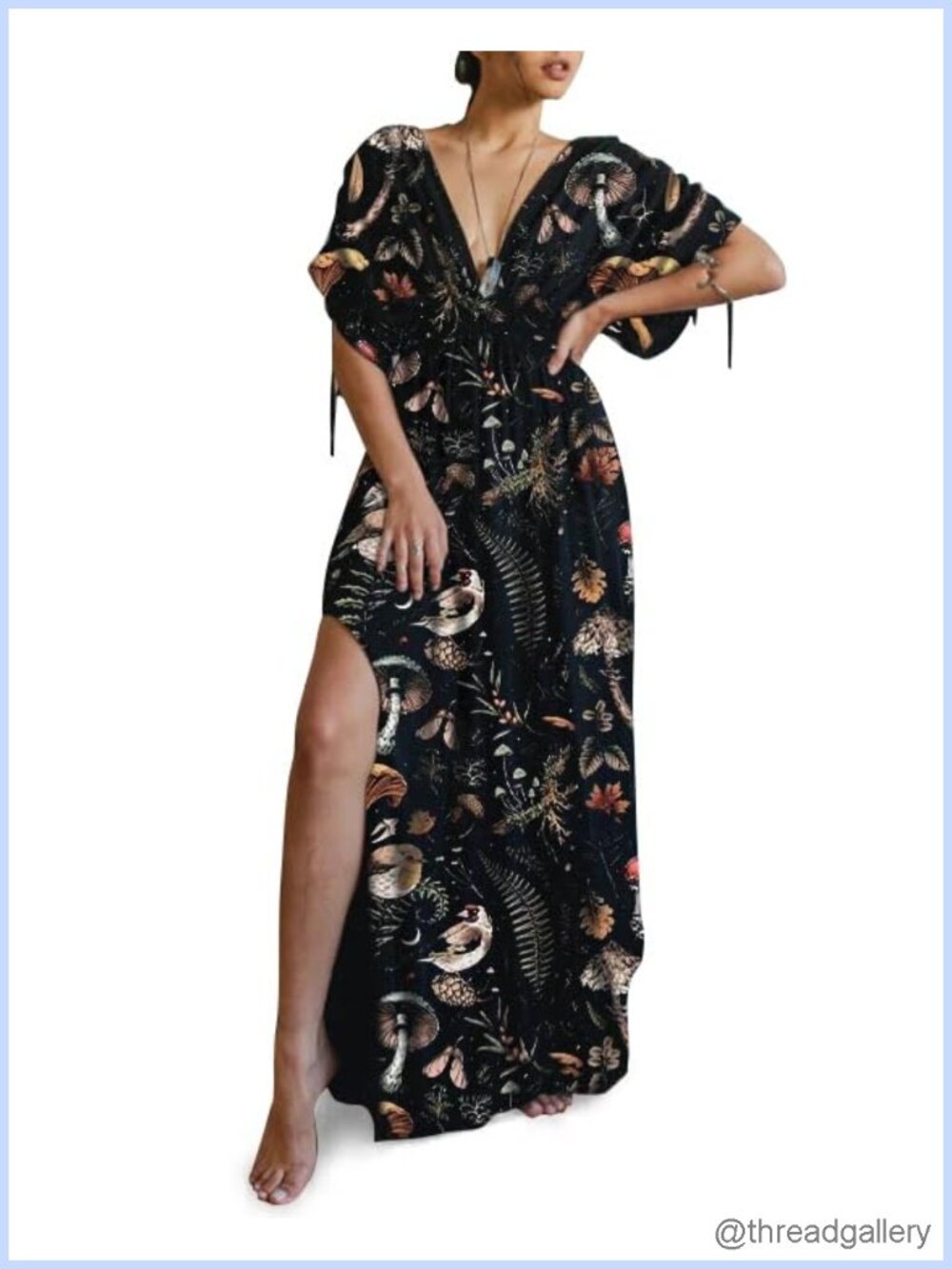 100% Cotton Maxi Dress Deep V Neck Empire Waist Side Slit Summer Sundress